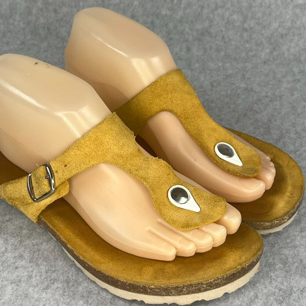 Yokono Suede Leather Thongs T-Strap Sandals Shoes 7.5 8 Yellow Cork Made Spain